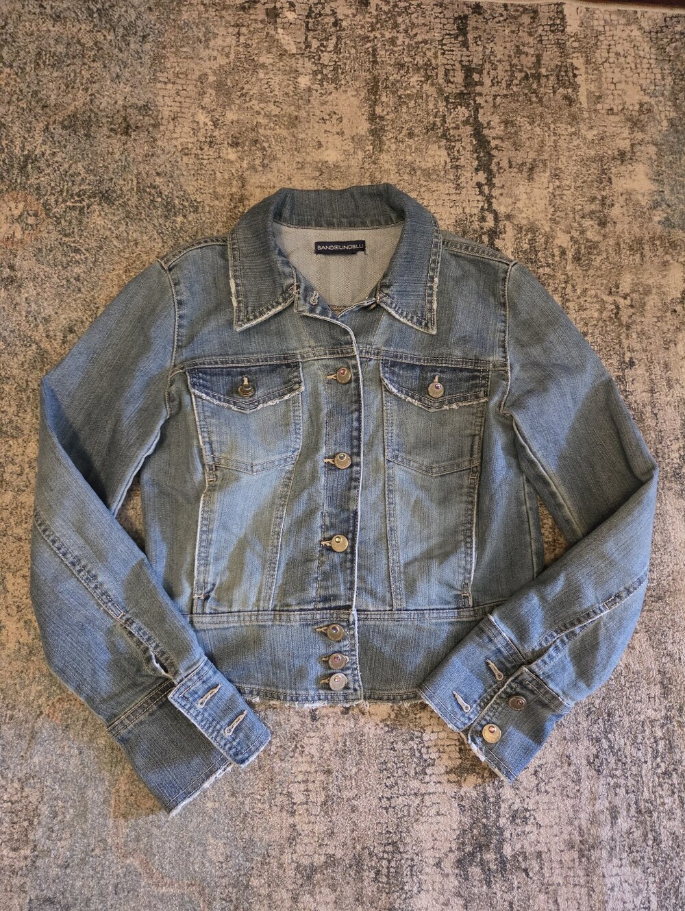 Bandolino Blu Y2K Cropped Denim Jacket Buckle Back Blue Distressed XS